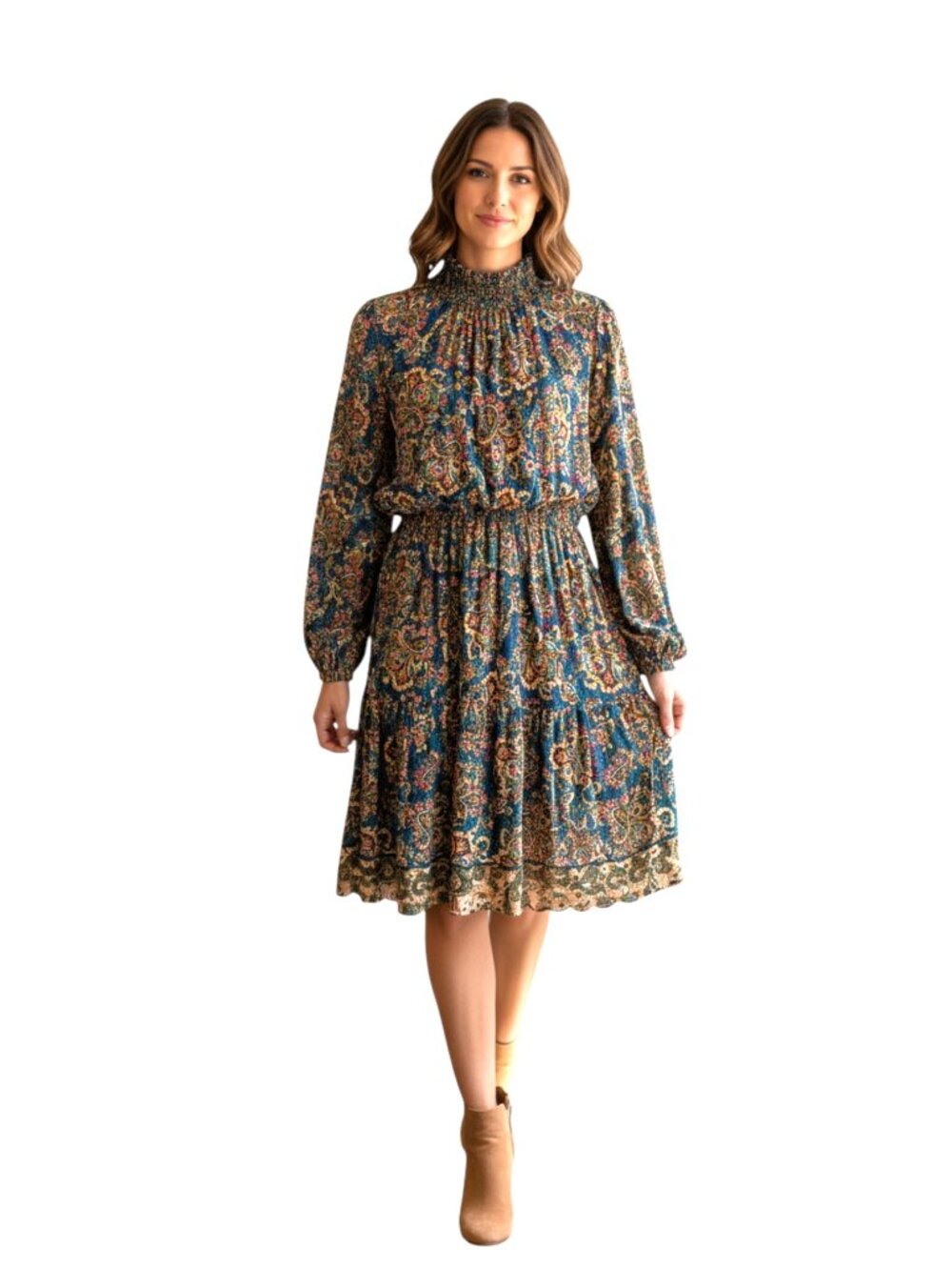 Leota Teal Blue Paisley Smocked Ruffle Neck Long Sleeve Tiered Dress